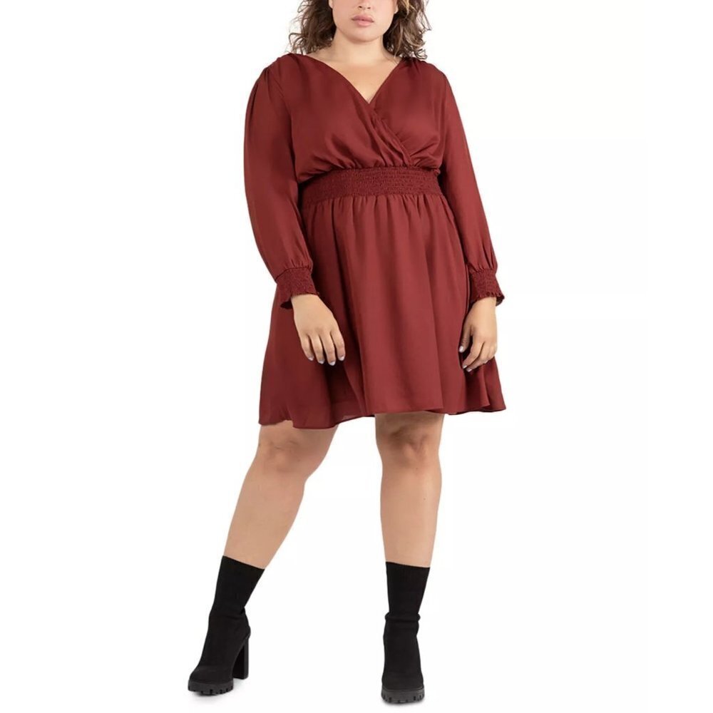 Black Tape Womens Trendy Plus Size X Smocked‎ Solid Dress Long Sleeves Rust $79
